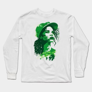 Make a Statement with Our Abstract White and Green Climate Activist Girl Face Portrait Design Long Sleeve T-Shirt